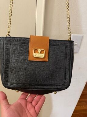 Valentina Black & Tan Leather Crossbody Bag with Gold Chain